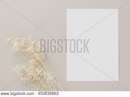 Blank Greeting Card Invitation Mockup 5x7 On Brown Envelope With Dried Flowers On Beige Background, 