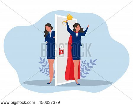 Imposter Syndrome.woman Standing For Her Present Profile With Fear After Door . Anxiety And Lack Of 