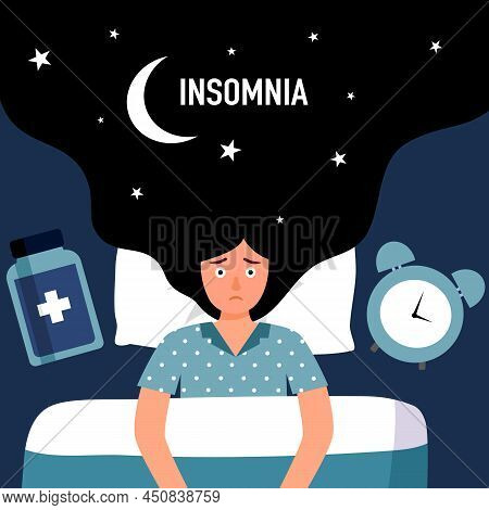 Sleepless Woman Suffering From Insomnia. Lady With Open Eyes In Darkness Night Lying On Bed With Clo
