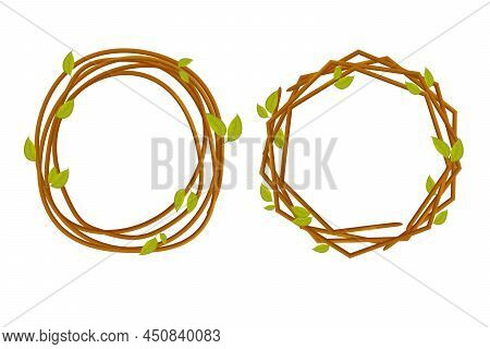 Set Frames From Wood Branch With Leaves, Spring Garland From Sticks, Cute Decoration In Cartoon Styl