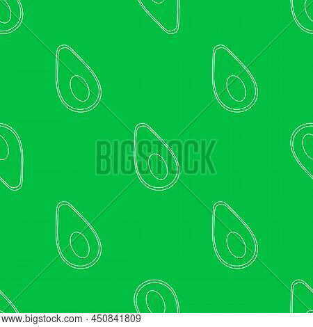 Seamless Vector Pattern With Cute Hand Drawn Half And Cut Avocado. White And Green Line Objects On T