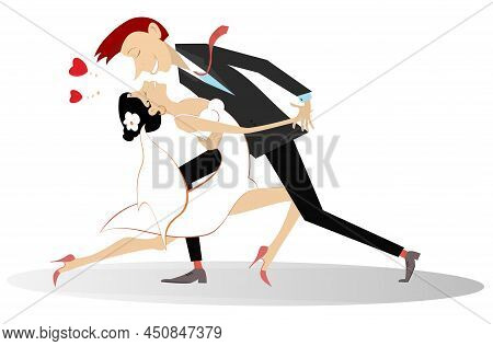 Dancing Married Wedding Couple Illustration. 
Heart Symbol And Dancing Happy Man And Woman In The Wh