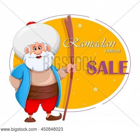 Ramadan Kareem. Happy Ramadan. Eid Al-adha Mubarak. Funny Cartoon Character Nasreddin Hodja. Kurban 