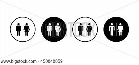 Man And Woman Vector Icons Set. Male And Female, Girls And Boys, Symbol In Circle. Wc Sign