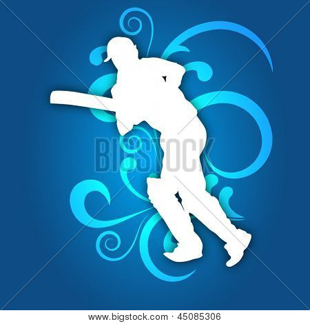 Illustration d'un batteur de cricket dans le jeu d'action sur fond de bleu floral abstrait.