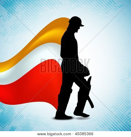 Illustration d'un batteur de cricket sur fond de vague colorée.