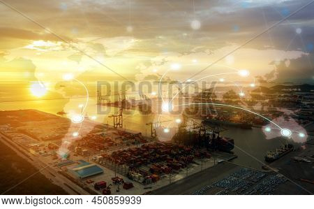 Ships And Communication Network Concept. Logistics Worldwide Maritime Traffic. Business Shipping Ves