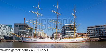 Panorama Of A Tall White Ship In The Neuer Hafen Harbor Of Bremerhaven, Germany