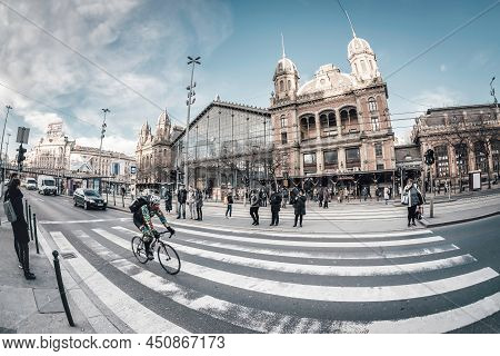 Budapest, Hungary - January 09, 2019: View Of Busy Terez Street And Nyugati Railway Station