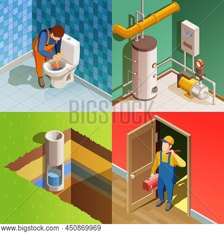 Plumber Fixing Problem Concept 4 Colorful Isometric Icons Square With Unclogging Toilet With Plunger