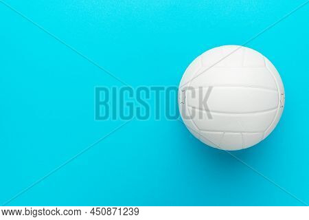 Top View Photo Of White Volleyball Ball As Volleyball Concept . Minimalist Flat Lay Image Of Leather