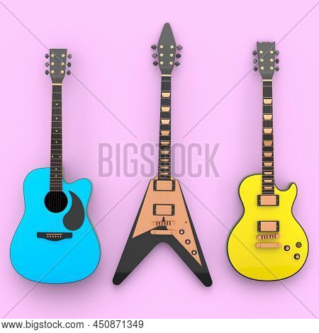 Set Of Electric Acoustic Guitar Isolated On Pink Background.