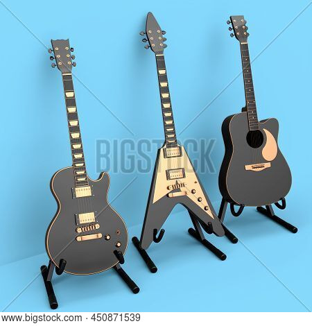 Set Of Electric Acoustic Guitar Isolated On Blue Background.