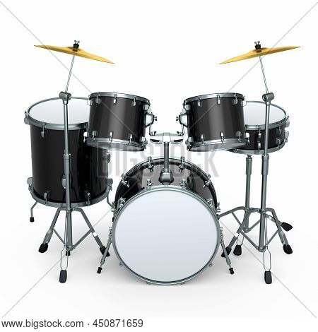 Set Of Realistic Drums With Metal Cymbals Or Drumset On White Background