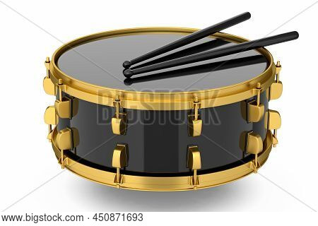 Realistic Drum And Wooden Drum Sticks On White. 3D Render Of Musical Instrument