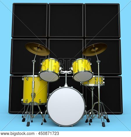 Set Of Realistic Drums With Metal Cymbals Or Drumset And Amplifier On Blue