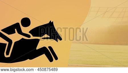 Image of black jockey on horse riding over orange background. preakness stakes and horse racing concept digitally generated image.