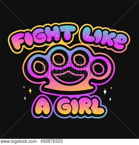 Brass Knuckles. Fight Like A Girl Print For T-shirt Concept. Vector Hand Drawn Doodle Line Cartoon I