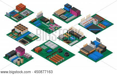 Collection Of Isometric Circuit Boards With Electronic Components. Computer Chips Technology Process