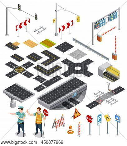 Set Of Isometric Icons Showing Constructor Elements Of Road Sections With Markings And Traffic Signp