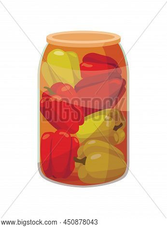 Jar Preserved Vegetables. Can Of Pickled Pepper. Cartoon Canned Food In Glass. Grocery Conserve Cont