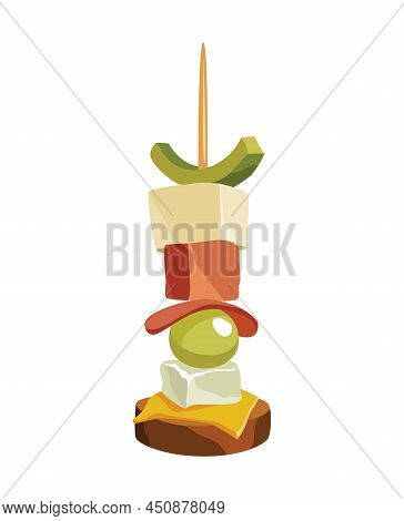 Canape Of Appetizer With Toppings. Snack For Party, Cold Food On Wooden Stick. Canape For Buffet, Ic