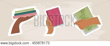 Set Of Hand Giving Book To Exchange Sharing, Bookcrossing Isolated Flat Cartoon Vector Illustration 