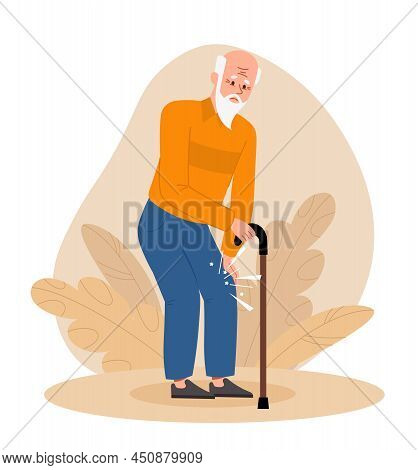 Knee Pain Concept. Grandfather With Stick Walks And Limps, Problems With Joints And Ligaments, Old A