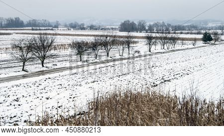 Winter Panorama Of The Jadar River Valley In Western Serbia Near The Town Of Loznica.