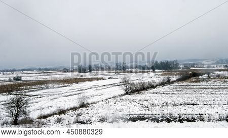 Winter Panorama Of The Jadar River Valley In Western Serbia Near The Town Of Loznica.