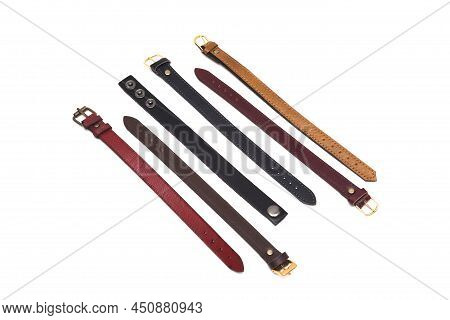 Leather Bracelets On A White Background, All Kinds Of Leather Bracelets