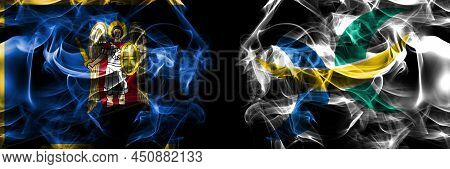 Kyiv, Kiev Vs Japan, Japanese, Hokuto, Hokkaido, Oshima, Subprefecture Flag. Smoke Flags Placed Side