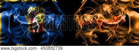 Kyiv, Kiev Vs Myanmar, Magway Division Flag. Smoke Flags Placed Side By Side Isolated On Black Backg