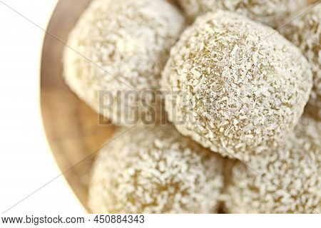Mochi Cakes.coconut Mochi On A Wooden Round Board Isolated On White Background. Japanese Dessert Wit