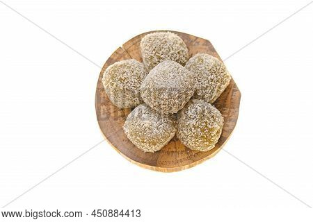 Mochi Cakes.coconut Mochi On A Board Isolated On White Background. Japanese Dessert With Coconut