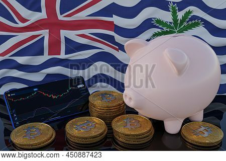 Bitcoin And Cryptocurrency Investing. British Indian Ocean Flag In Background. Piggy Bank, The Of Sa