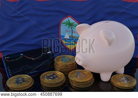 Bitcoin And Cryptocurrency Investing. Guam Flag In Background. Piggy Bank, The Of Saving Concept. Mo