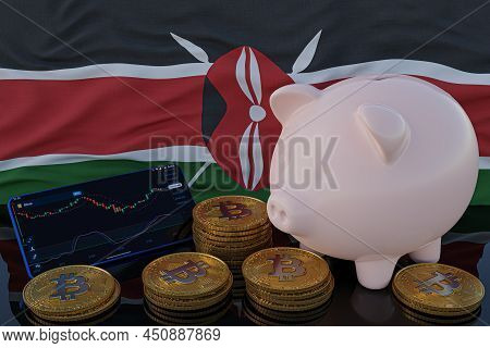 Bitcoin And Cryptocurrency Investing. Kenya Flag In Background. Piggy Bank, The Of Saving Concept. M