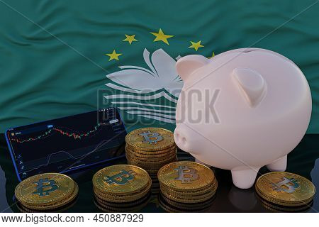 Bitcoin And Cryptocurrency Investing. Macau Flag In Background. Piggy Bank, The Of Saving Concept. M