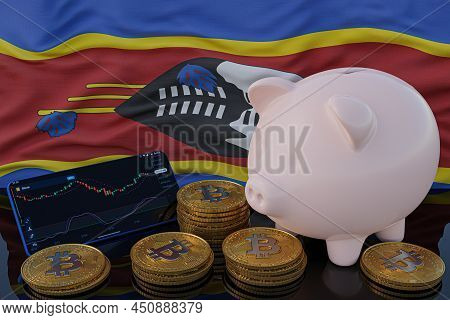 Bitcoin And Cryptocurrency Investing. Swaziland Flag In Background. Piggy Bank, The Of Saving Concep