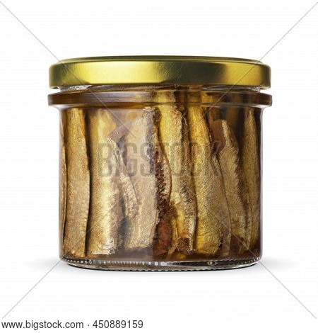 Glass Jar Sprot Or Sardines Isolated On White Background.
