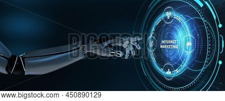 Internet Marketing Digital Online Advertising Automation. Robot Pressing Button On Virtual Screen. 3