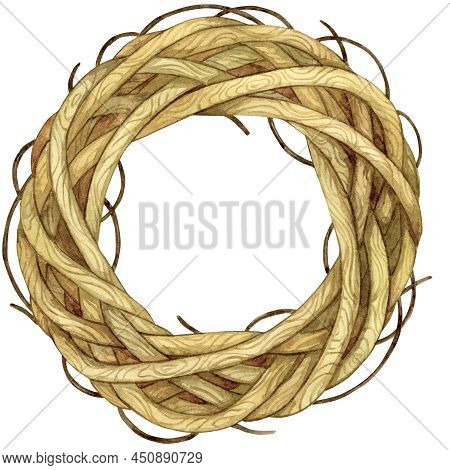 Watercolor Illustration Of Vintage Tree Branch Wreath. Isolated On A White Background. Graceful Spri