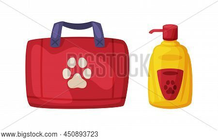 Pet First Ad Kit And Cosmetic Bottle. Supplies For Domestic Animals Set Cartoon Vector Illustration