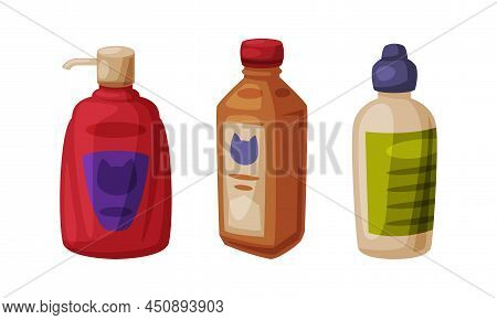 Cosmetic Bottles For Pet Animals Set. Supplies For Domestic Animals Set Cartoon Vector Illustration