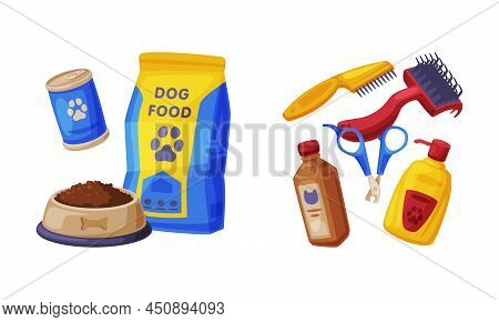 Pet Animals Stuff. Cat And Dog Food, Cosmetic And Accessories Set Cartoon Vector Illustration
