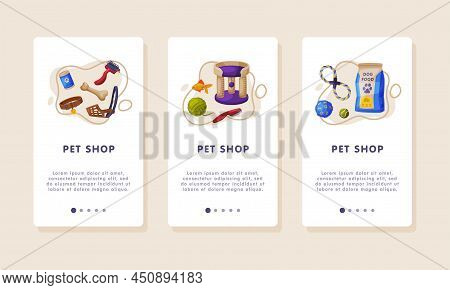 Pet Shop Onboarding Mobile App Page. Care Supplies, Food And Accessories Cartoon Vector Illustration