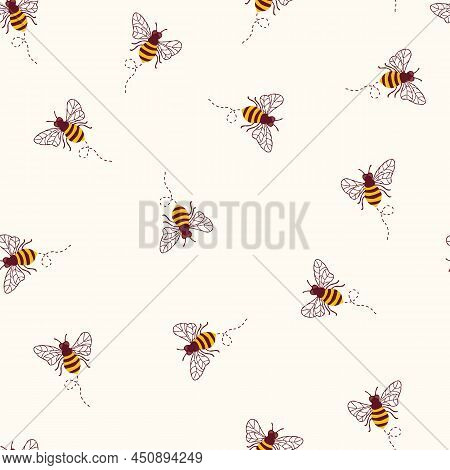 Bees Seamless Vector Pattern. Repeating Background With Bumblebees On A White Beige Background. Summ