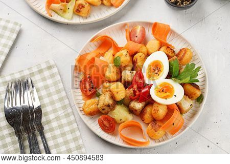 Sweet Potato Gnocchi With Teriyaki Tofu With Indonesian Vegetable Salad Gado Gado - Carrots, Cucumbe