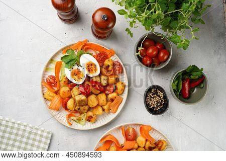 Sweet Potato Gnocchi With Teriyaki Tofu With Indonesian Vegetable Salad Gado Gado - Carrots, Cucumbe